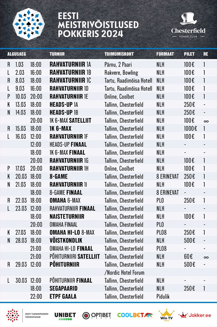 Eesti meistrivõistlused pokkeris 2024 ametlik ajakava bänner. 